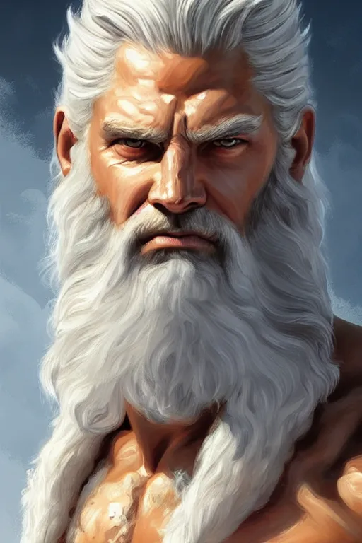 Image similar to painted portrait of rugged zeus, god of thunder, greek god, white hair, masculine, powerful, handsome, upper body, white robe, muscular, hairy torso, fantasy, intricate, elegant, highly detailed, digital painting, artstation, concept art, smooth, sharp focus, illustration, art by gaston bussiere and magali villeneuve