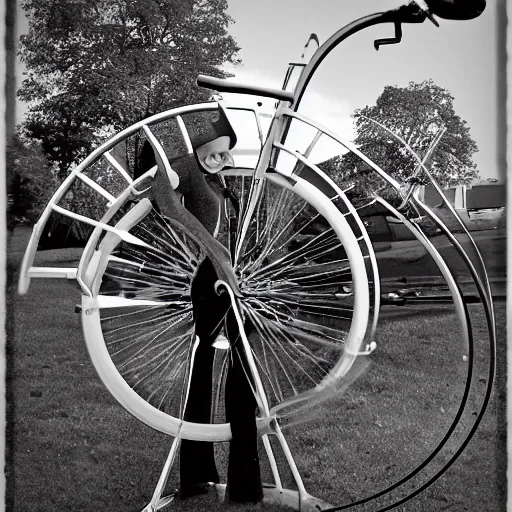 Prompt: riding a penny farthing into the far future, stylized photo