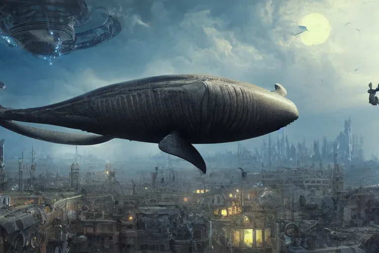 Image similar to alien whale flying over a steampunk city, 3d scene, render, ultra realistic, zenith view, Greg Rutkowski, artstation, cgsociety, level design, unreal engine alien whale flying over a steampunk city, 3d scene, render, ultra realistic, zenith view, Enki Bilal style