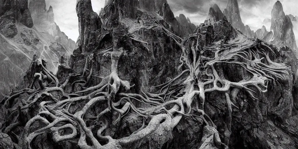 Image similar to ego perspective photography roots sprawling, climbing, forest, dolomites, alpine, detailed intricate insanely detailed octane render, 8k artistic 1920s photography, photorealistic, black and white, chiaroscuro, hd, by David Cronenberg, Raphael, Caravaggio