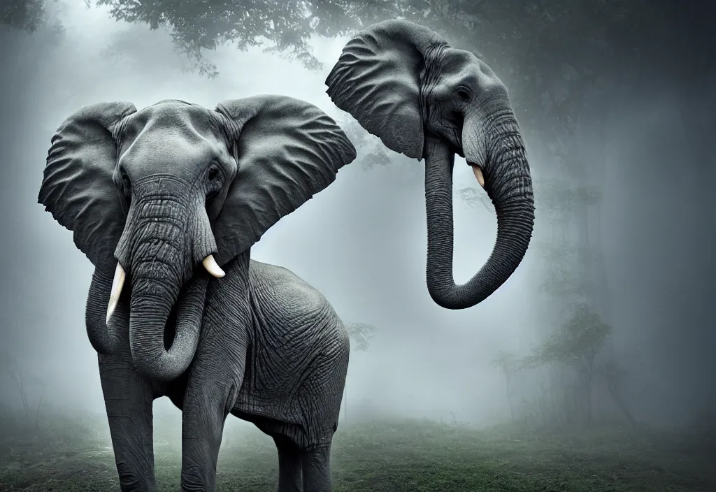 Prompt: an elephant king, his trunk is a long tentacle, in a jungle with ominous light from above, ambient light, fog, river