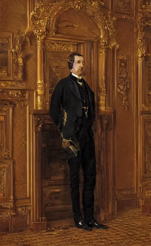 Image similar to official colour portrait of a victorian noble in front of a bookcase, detailed face, 19th century, highly detailed, cinematic lighting, digital art painting by greg rutkowski