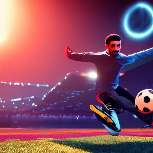 Prompt: Drake playing soccer on a spaceship. Hyper detailed, 8k, photography, realistic, octane render, unreal engine, ray traced