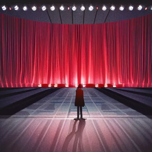 Image similar to a lone singer on stage, with spotlight beam, huge crowd in audience, facing stage, zoom lens, ultra realistic, artstation, red curtains, dramatic lighting, album