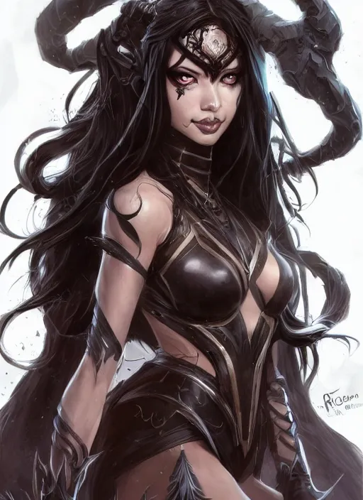 Prompt: beautiful enchantress, black long hair, practical armor, brown skin, demonic eyes, low fantasy, extremely detailed, sharp focus, smooth, digital illustration, by rossdraws, frank franzzeta, sakimichan