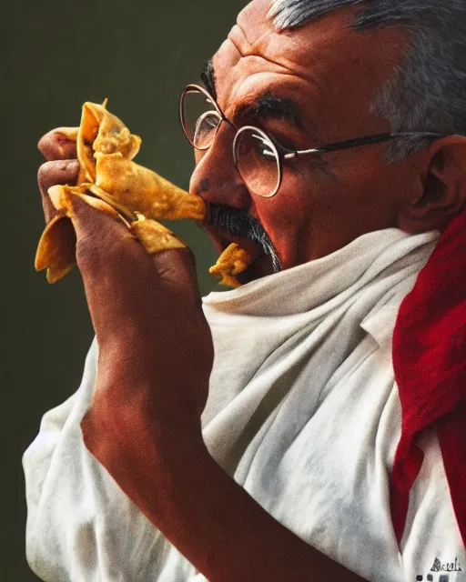 Prompt: a portrait of gandhi eating samosa whilst walking, highly detailed, trending on artstation, bokeh, 9 0 mm, f / 1. 4