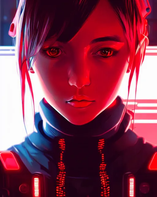 Prompt: a detailed potrait of a cyberpunk cyborg girl with black and red parts, fine - face, realistic shaded perfect face, fine details. night setting. very anime style. realistic shaded lighting poster by ilya kuvshinov katsuhiro, unreal engine, global illumination, radiant light, detailed and intricate environment