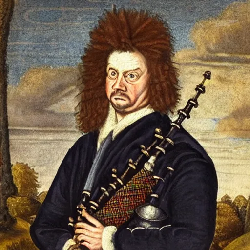 Image similar to a realistic 1 7 th century portrait of harry, a man with scottish features and exceptionally large bagpipes wearing quilts and wielding a wand. very pale, with a large pointy nose. hagrid in the background and hedwig on his shoulder