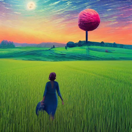 Image similar to giant daisy flower as a head, girl walking in wheat field, hills, surreal photography, moon light, dark night, star trails, dramatic light, impressionist painting, clouds, digital painting, artstation, simon stalenhag