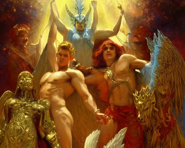 Prompt: gallant male deity, casting angelic magic, summoning regal lucifer morning star, as they negotiate over the earthly realm, highly detailed painting by gaston bussiere, craig mullins, j. c. leyendecker, tom of finland