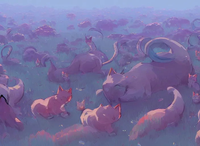 Image similar to concept art of a field of millions of kittens, cel shaded, in the style of makoto shinkai and moebius and peter mohrbacher and anton fadeev