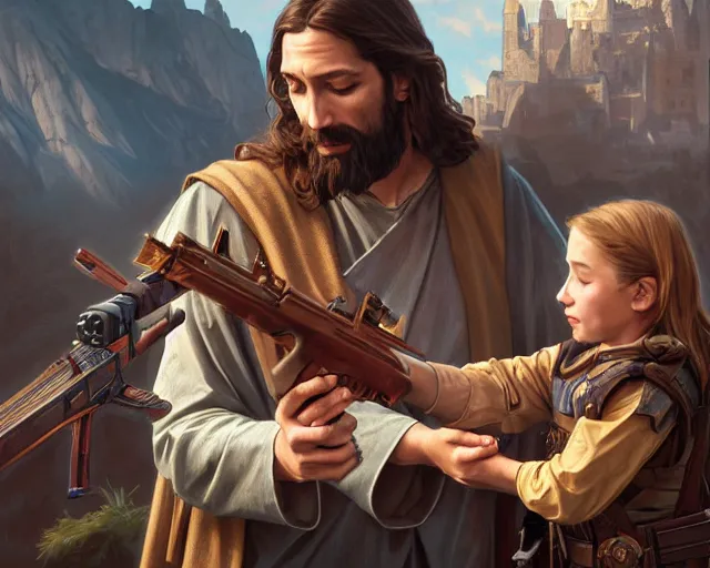 Prompt: photography of jesus christ teaching a child how to reload a ak 4 7, d & d, fantasy, intricate, elegant, highly detailed, digital painting, artstation, concept art, matte, sharp focus, illustration, hearthstone, art by artgerm and greg rutkowski and alphonse mucha