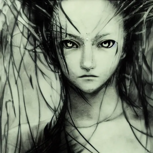 Image similar to yoshitaka amano blurred and dreamy grainy photo of an anime girl with black eyes, wavy white hair and cracks on her face near eyes wearing elden ring armour with the cape fluttering in the wind, abstract black and white patterns on the background, noisy film grain effect, highly detailed, renaissance oil painting, weird portrait angle