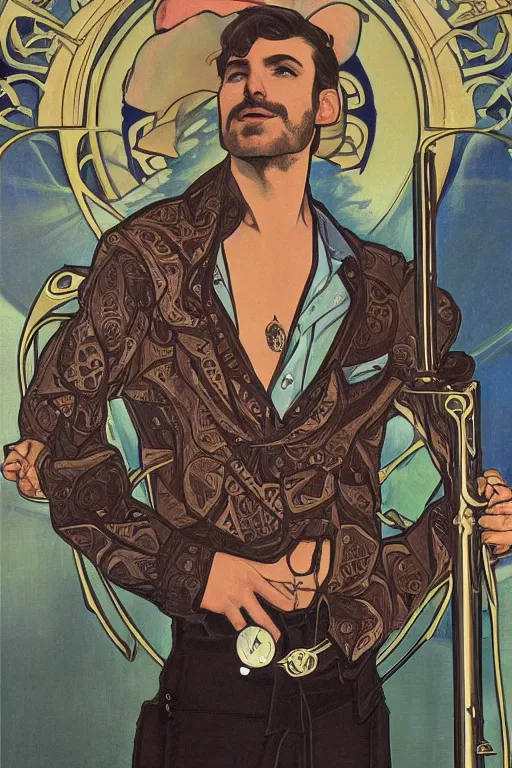 Prompt: a dramatic ethereal epic symmetrical painting of a handsome villainous cowboy standing in front of railroad tracks with a train locomotive | his shirt is unbuttoned and he has a pocketwatch | tarot card, art deco, art nouveau, homoerotic, realistic | by Mark Maggiori and ((Alphonse Mucha)) | trending on artstation