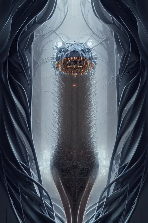 Prompt: professional concept art symmetrical portrait of a horrendous mechanical predatory fractal! species in a dark room by artgerm and greg rutkowski. an intricate, elegant, highly detailed digital painting, concept art, smooth, sharp focus, illustration, in the style of cam sykes.