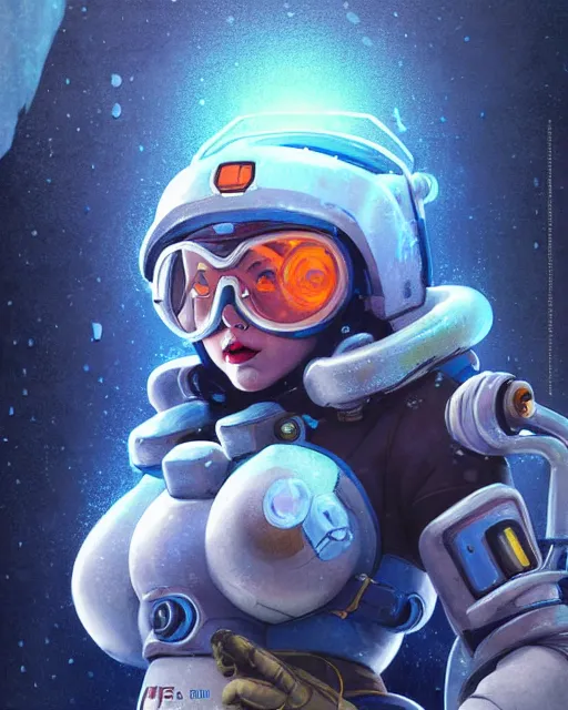 Image similar to mei from overwatch, character portrait, ice, cold, snow, sci - fi suit, portrait, close up, concept art, intricate details, highly detailed, vintage sci - fi poster, retro future, in the style of chris foss, rodger dean, moebius, michael whelan, and gustave dore