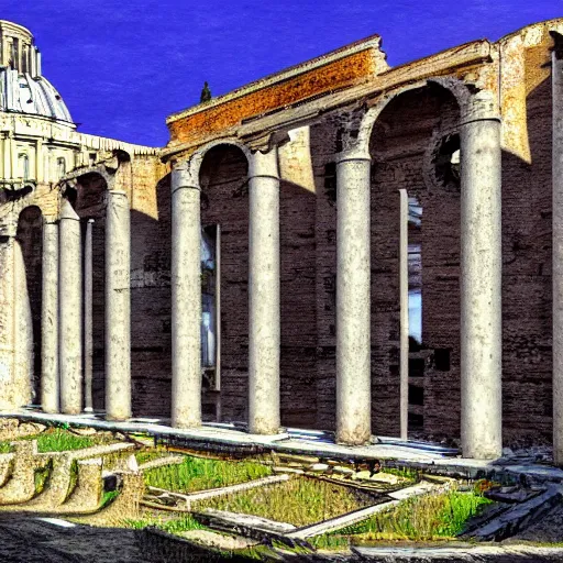 Image similar to homo stat prope domum suam modicam, roma antiqua, architectura mediterranea priscorum temporum, hic stat superbe ubi vivit et amat. digital art.