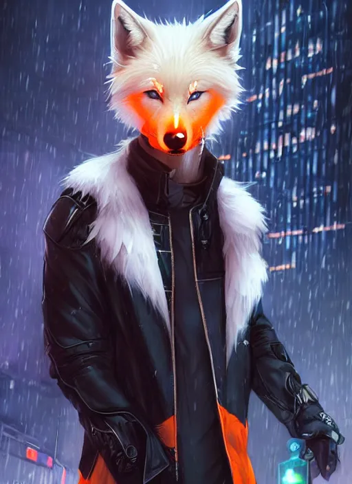 Image similar to award winning beautiful portrait commission of a male furry anthro albino wolf fursona with a tail and a cute beautiful attractive detailed furry face wearing stylish black and orange cyberpunk biker clothes in a cyberpunk city at night while it rains. Character design by charlie bowater, ross tran, artgerm, and makoto shinkai, detailed, inked, western comic book art