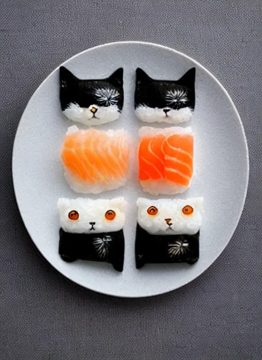 Image similar to clear surrealist painting of adorable cats made from sushi rice, sitting on sushi plates with garnish