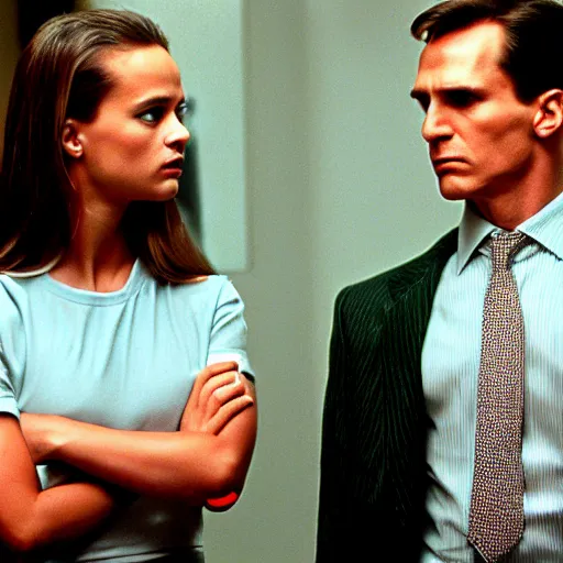 Image similar to Alicia Vikander and Patrick Bateman in American Psycho (1999)