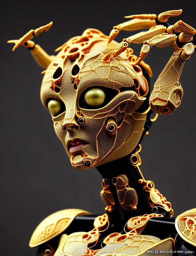 Prompt: complex 3 d render of a beautiful porcelain robot - the alien woman face, bloody gold and black, fractal veins. dragon cyborg, 1 5 0 mm, beautiful natural soft light, rim light, gold fractal details, fine lace, mandelbrot fractal, anatomical, glass, facial muscles, elegant, ultra detailed, metallic armor, octane render, depth of field