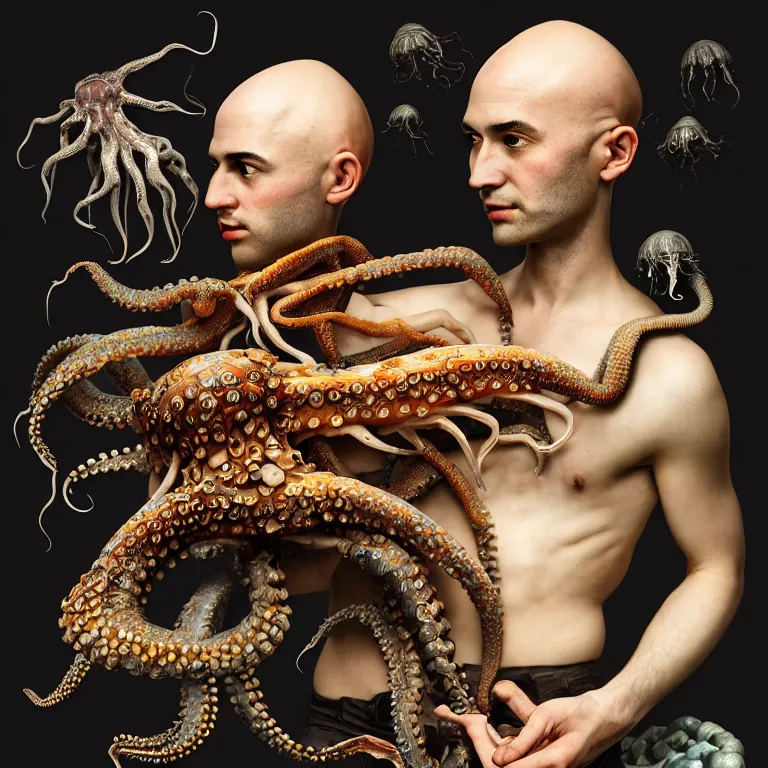 Image similar to young bald man wearing exoskeleton armor, standing in a shell, holding a squid, octopus, sea in the background, beautiful baroque portrait painting, psychedelic, trippy, hallucination, dream, beautiful detailed intricate insanely detailed octane render trending on Artstation, 8K artistic photography, photorealistic, chiaroscuro, Raphael, Caravaggio