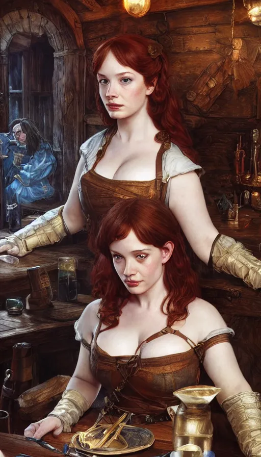 Image similar to young christina hendricks in a tavern, energetic, warhammer, lord of the rings, sweaty, strong, sword, intricate, highly detailed, digital painting, artstation, concept art, smooth, sharp focus, illustration, unreal engine 5, 8 k, art by artgerm and greg rutkowski and alphonse mucha