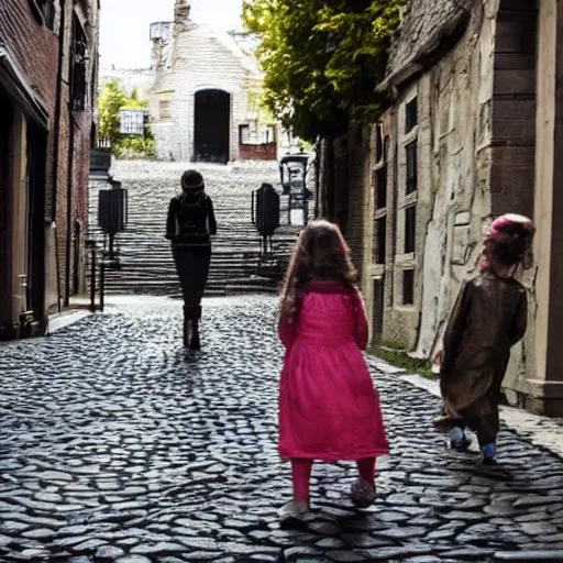 Image similar to spooky image of children playing in cobblestone street while spectral ghosts watch from above