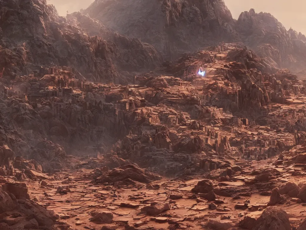 Image similar to Dharamshala!!!!! on Mars!, exterior wide shot, volumetric, epic, cinematic, highly detailed, intricate, by Raphael Lacoste, Eddie Mendoza, Alex Ross, Pilar Gogar, matte painting, 8K HDR