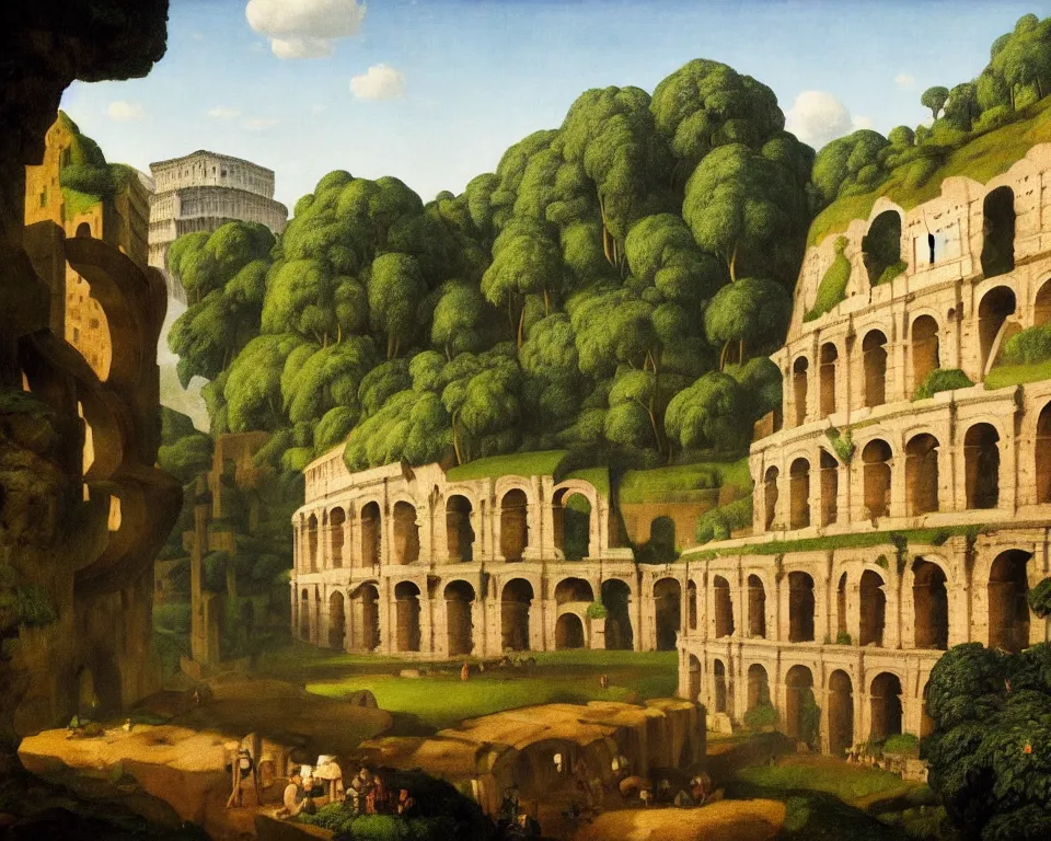 Image similar to an achingly beautiful print of the Colosseum in a jungle clearing with a waterfall in the distance by Raphael, Hopper, and Rene Magritte. detailed, romantic, enchanting, trending on artstation.