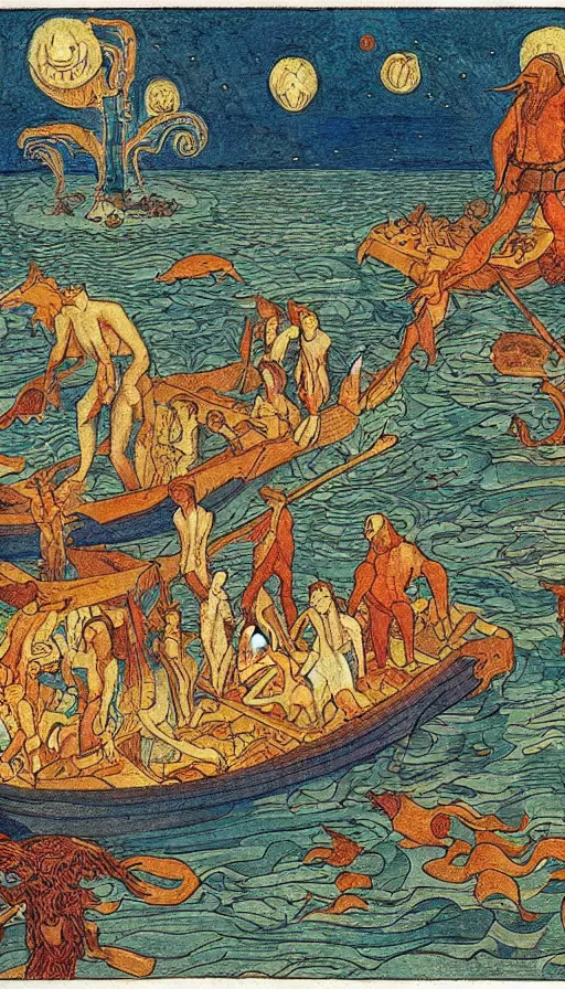 Image similar to man on boat crossing a body of water in hell with creatures in the water, sea of souls, by ivan bilibin,