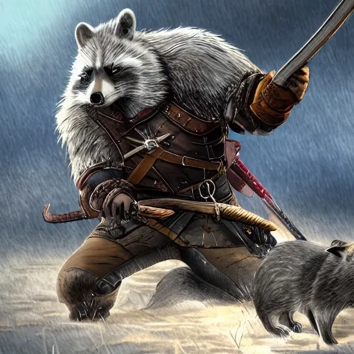 Image similar to geralt of rivia vs a giant racoon, digital art