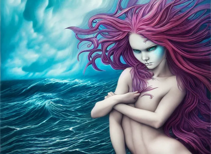 Image similar to realistic detailed image of a mermaid with rainbow hair swimming in an angry, stormy sea, anime art, anime, inspired by Mark Ryden and Zdzislaw Beksinski, gothic, rich deep colors. A masterpiece.