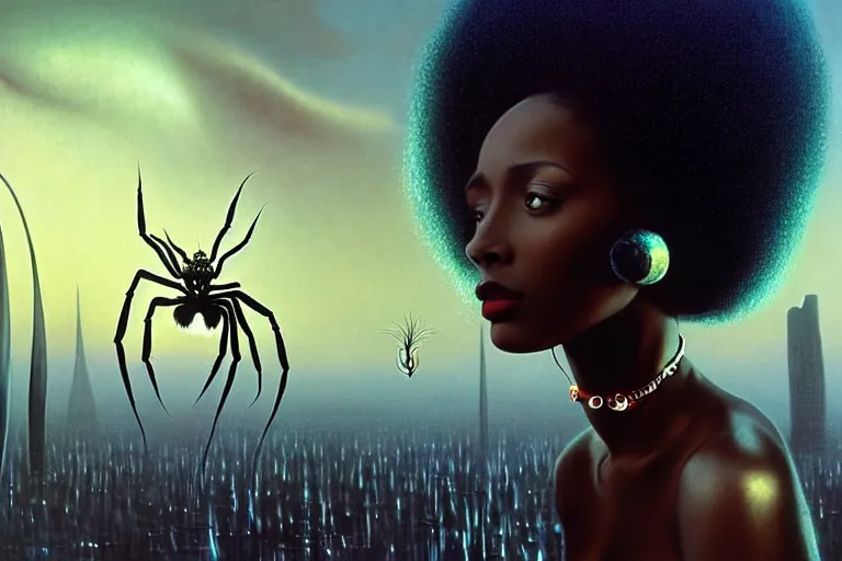 Image similar to realistic detailed photorealistic portrait movie shot of a beautiful black woman with a giant spider, sci fi city landscape background by denis villeneuve, amano, yves tanguy, alphonse mucha, ernst haeckel, david lynch, edward robert hughes, roger dean, cyber necklace, rich moody colours, wide angle