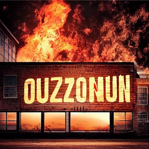 Image similar to burning warehouse with giant sign that says “ ozon ”, realistic photo