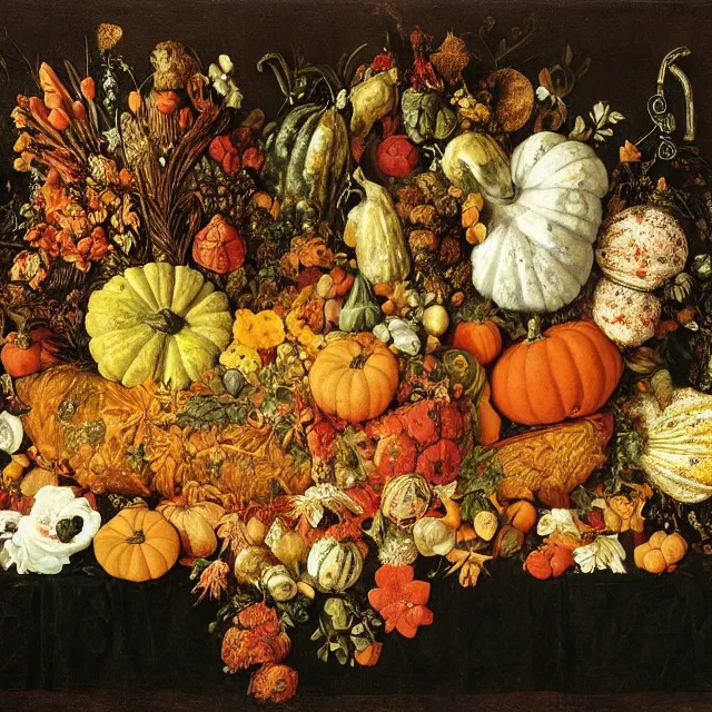 Prompt: victorian thanksgiving feast, flowers and gourds, black background, still life by giuseppe arcimboldo, vanitas, intricate high detail masterpiece