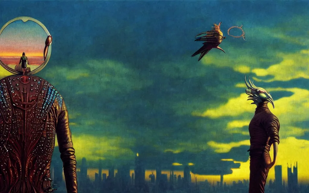 Image similar to realistic detailed portrait movie shot of a birdman wearing leather jacket, futuristic city sunset landscape background by denis villeneuve, amano, yves tanguy, alphonse mucha, ernst haeckel, max ernst, roger dean, rich moody colours, cinematic