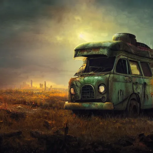 Image similar to mystery machine from the show scooby doo abandoned, dirty, apocalypse, cinematic, detailed, epic, widescreen, opening, establishing, mattepainting, photorealistic, 4 k, octane render, art by greg rutkowski