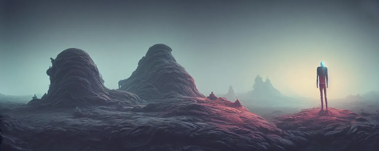 Image similar to ultra realist muted colors horror photo of a dimly lit alien landscape, very intricate details, focus, full frame image, high contrast, cgi render, artwork by tooth wu and wlop and beeple and greg rutkowski, award winning