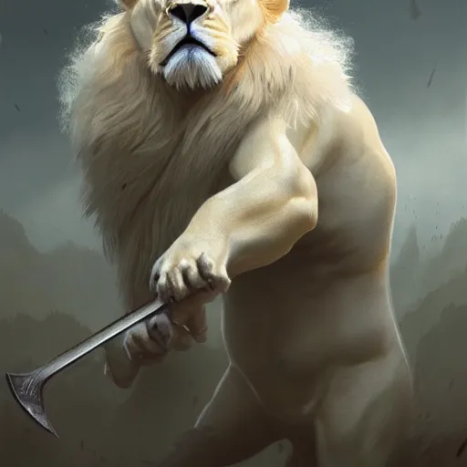 Prompt: a male anthropomorphic albino lion holding a sword,digital art,art by greg rutkowski,trevor henderson,ross tran,photorealistic,hyperdetailes,highly realistic,natural lighting,deviantart,artstation,dramatic,cinematic,4k