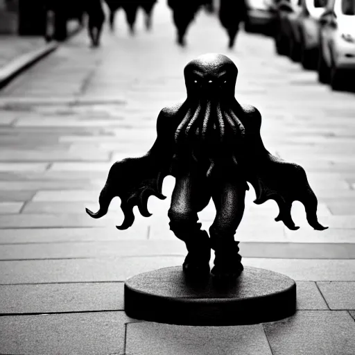 Prompt: cthulhu with a human body walks through the streets of london. sigma 85mm f/1.4
