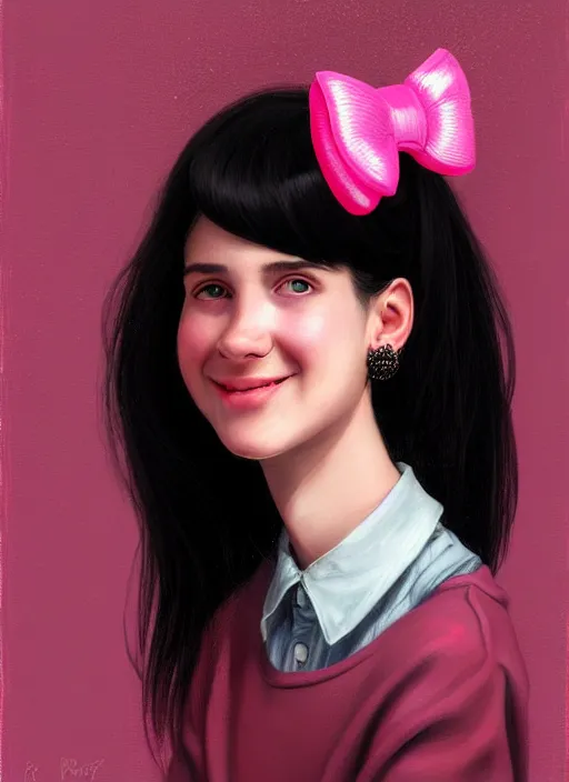 Image similar to portrait of teenage girl, realistic, black hair, bangs, half updo hairstyle, pointy nose, skinny, smile, ugly, defined jawline, big chin, pink hair bow, earrings, intricate, elegant, glowing lights, highly detailed, digital painting, artstation, sharp focus, illustration, art by wlop, mars ravelo and greg rutkowski