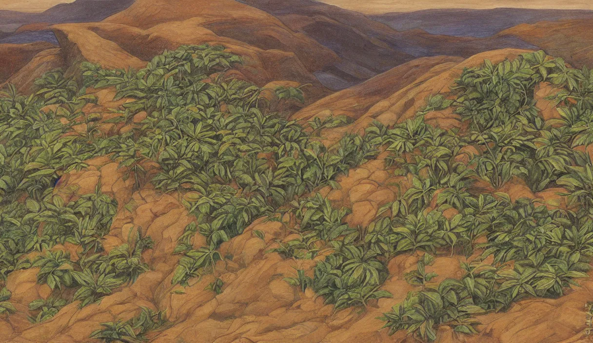 Prompt: cross section of hill dirt, close up, detailed by marianne north by moebius