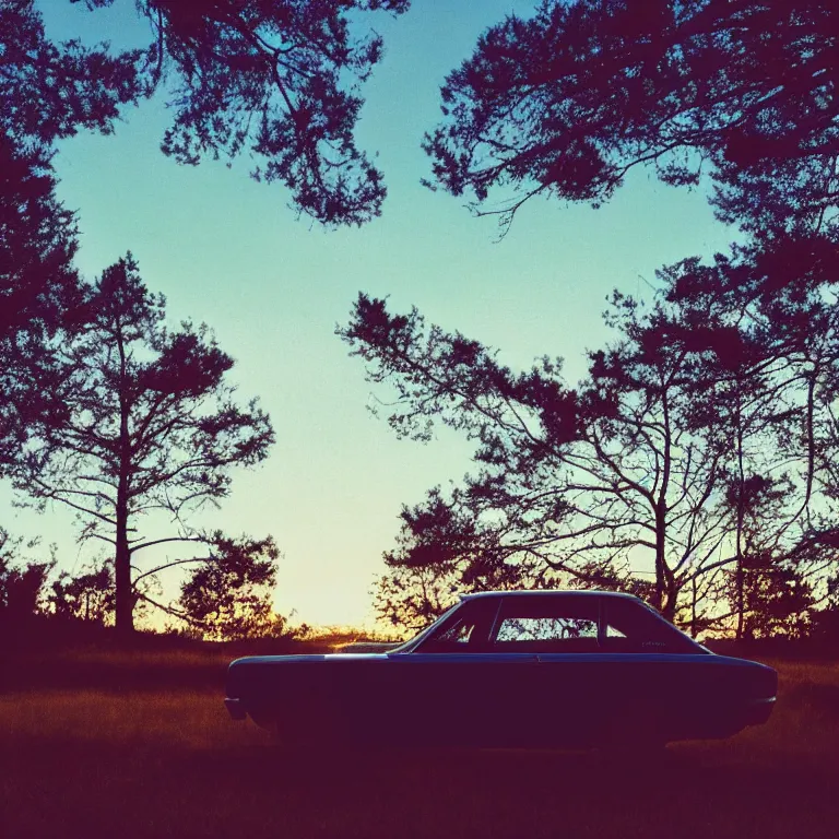 Prompt: 1 9 7 0 s car parked by the pine tree, silhouettes in field behind, film photo, soft lighting album cover, nostalgia, turquoise gradient