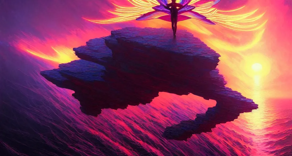 Image similar to psychedelic tron wings in front mind bending sunset, cliffside ocean scene, backlit, aesthetic, surreal, diffuse lighting, hyper realistic, elegant, intricate, hyper detailed, smooth, sharp focus, concept art, illustration, trending on artstation, art by artem demura, greg rutkowski, james gurney, and alphonse mucha