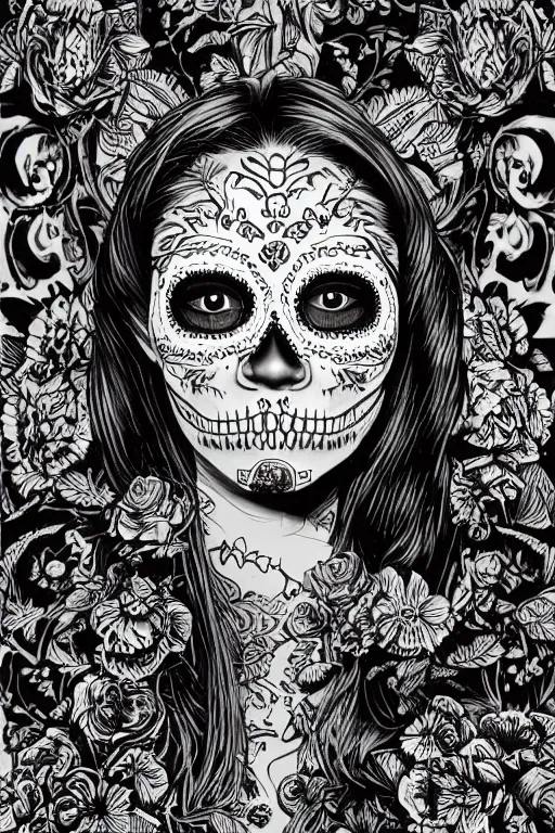Prompt: Illustration of a sugar skull day of the dead girl, art by Dan Hillier