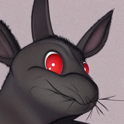 Image similar to A extremely highly detailed majestic hi-res beautiful, highly detailed head and shoulders portrait of a scary terrifying, horrifying, creepy black cartoon rabbit with scary big eyes, earing a shirt laughing, hey buddy, let's be friends, in the style of Walt Disney animation