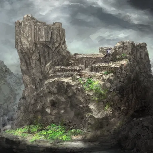Prompt: ancient ruined city carved into a tall cliff rock, concept art