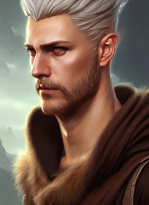 Image similar to a _ fantasy _ style _ portrait _ painting _ of wizard male, medium dark blonde pulled back side part and blonde stubble, brown eyes, rpg dnd oil _ painting _ unreal _ 5 _ daz. _ rpg _ portrait _ extremely _ detailed _ artgerm _ greg _ rutkowski _ greg