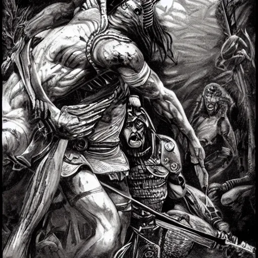 Prompt: The mummy touches the warrior's head with his hand, the jungle, high detail, old school dungeons and dragons art,